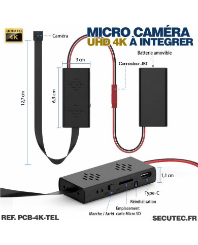 Module micro caméra UHD 4K à intégrer sur batterie rechargeable télécommande sans-fil mémoire 128 Go