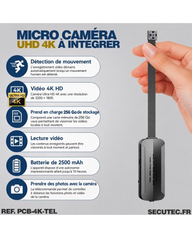 Module micro caméra UHD 4K à intégrer sur batterie rechargeable télécommande sans-fil mémoire 128 Go