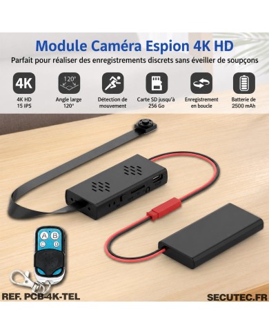 Module micro caméra UHD 4K à intégrer sur batterie rechargeable télécommande sans-fil mémoire 128 Go