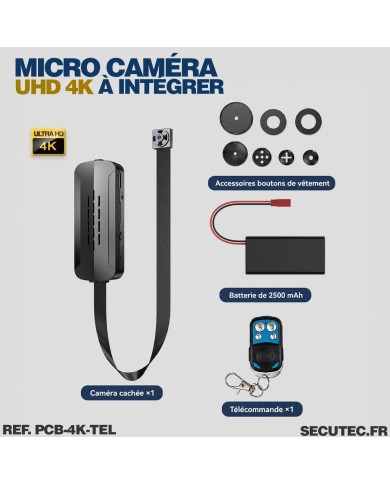 Module micro caméra UHD 4K à intégrer sur batterie rechargeable télécommande sans-fil mémoire 128 Go