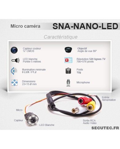 Nano caméra de vidéosurveilance audio vidéo 520 Lignes avec éclairage par LED
