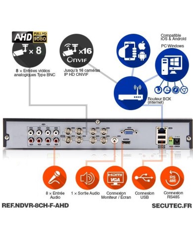 Enregistreur de vidéosurveillance AHD 1080P 8/16 voies hybride 1 To