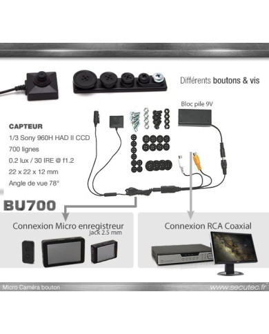 Micro caméra filaire 700 lignes 0.005 lux avec embout bouton et vis