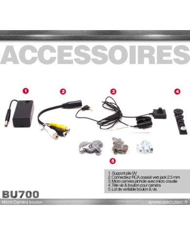 Micro caméra filaire 700 lignes 0.005 lux avec embout bouton et vis
