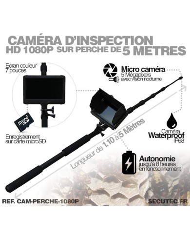 Caméra inspection avec perche 5 mètres waterproof HD 1080 avec écran enregistreur 7 pouces