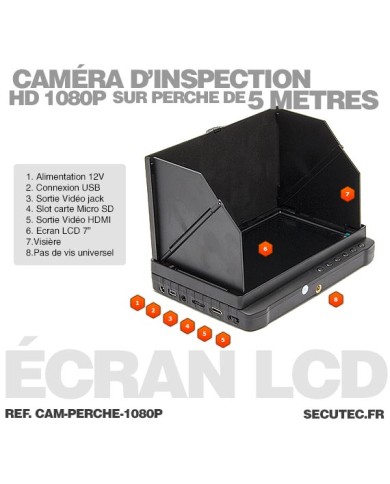 Caméra inspection avec perche 5 mètres waterproof HD 1080 avec écran enregistreur 7 pouces