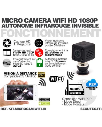 Kit micro caméra WiFi HD 1080P avec infrarouge invisible batterie longue autonomie 20A et microSD 32Go