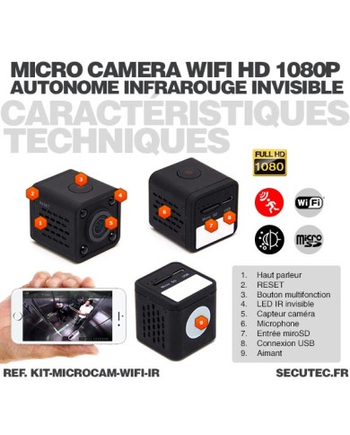 Kit micro caméra WiFi HD 1080P avec infrarouge invisible batterie longue autonomie 20A et microSD 32Go