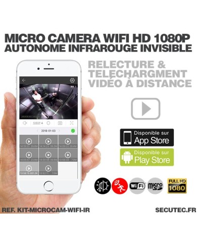 Kit micro caméra WiFi HD 1080P avec infrarouge invisible batterie longue autonomie 20A et microSD 32Go