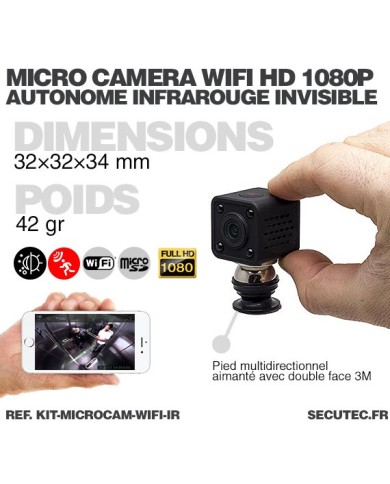 Kit micro caméra WiFi HD 1080P avec infrarouge invisible batterie longue autonomie 20A et microSD 32Go
