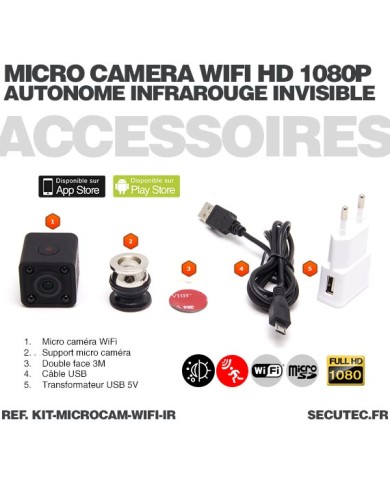 Kit micro caméra WiFi HD 1080P avec infrarouge invisible batterie longue autonomie 20A et microSD 32Go