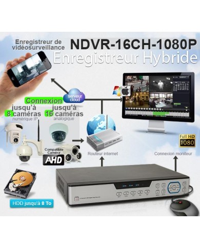 Enregistreur de vidéosurveillance 16 voies AHD 1080P hybride 2To