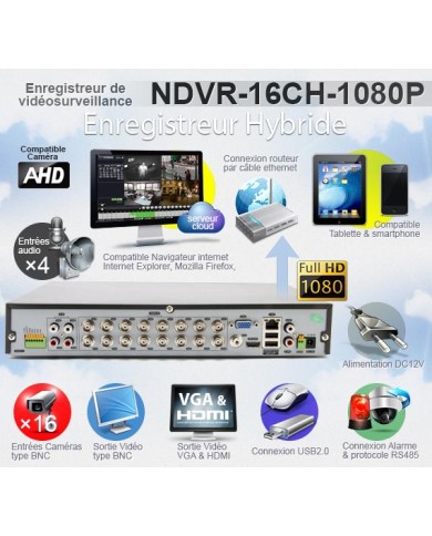 Enregistreur de vidéosurveillance 16 voies AHD 1080P hybride 2To