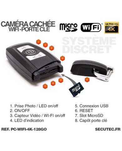 Clé de voiture caméra cachée WIFI Ultra HD 4K 128 Go