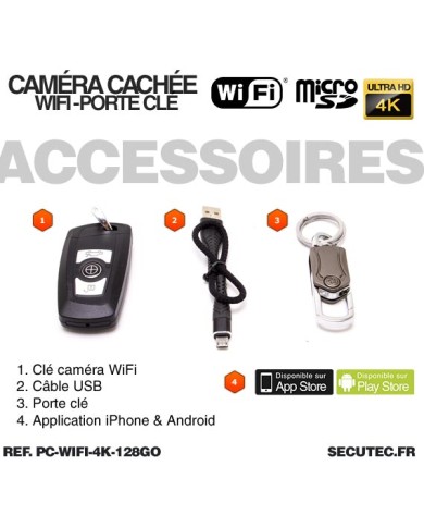Clé de voiture caméra cachée WIFI Ultra HD 4K 128 Go