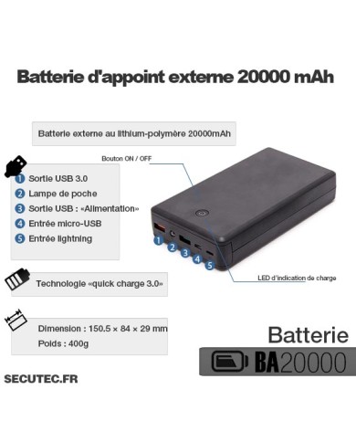 Batterie d'appoint externe 20000 mAh avec sortie USB