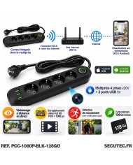 Multiprise noire avec micro caméra cachée UHD WiFi écoute à distance détection de mouvement et carte mémoire 128Go inclus