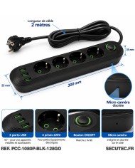 Multiprise noire avec micro caméra cachée UHD WiFi écoute à distance détection de mouvement et carte mémoire 128Go inclus