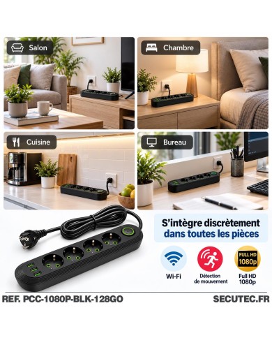 Multiprise noire avec micro caméra cachée UHD WiFi écoute à distance détection de mouvement et carte mémoire 128Go inclus