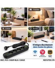 Multiprise noire avec micro caméra cachée UHD WiFi écoute à distance détection de mouvement et carte mémoire 128Go inclus