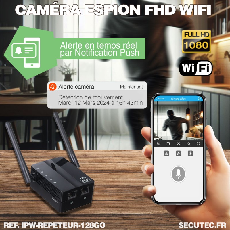 Répéteur WiFi caméra cachée IP WiFi détection de mouvement écoute à distance carte mémoire 128Go