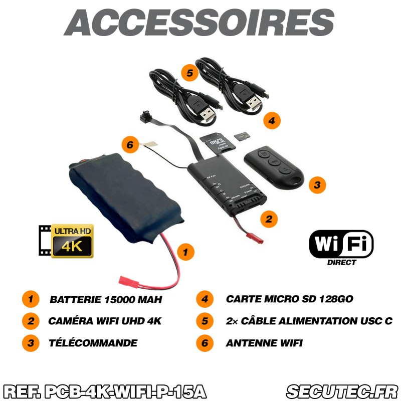 Micro Camera Setup Micro caméra UHD 4K WiFi à intégrer enregistrement continu et détection ...