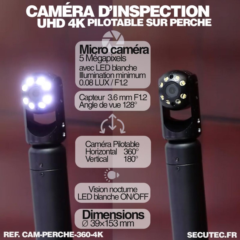 Camera Perch Caméra inspection pilotable 360° avec perche 5 mètres ultra HD 4K avec ...