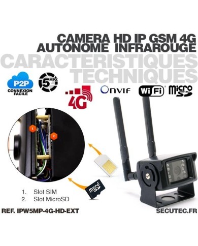 Caméra IP GSM 4G WiFi UHD 5 Mpx waterproof Infrarouge accès à distance via iPhone Android et PC