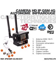 Caméra IP GSM 4G WiFi UHD 5 Mpx waterproof Infrarouge accès à distance via iPhone Android et PC