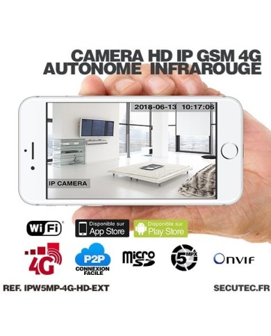 Caméra IP GSM 4G WiFi UHD 5 Mpx waterproof Infrarouge accès à distance via iPhone Android et PC