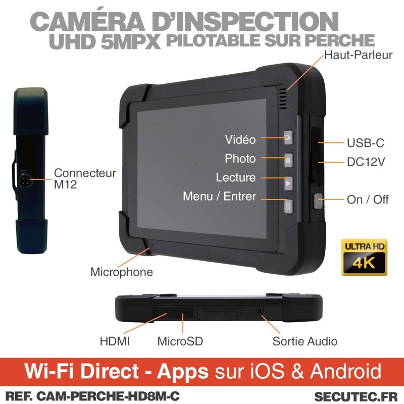 Camera Perch Caméra d'inspection HD 1080p avec perche 8m étanche et écran 7 pouces