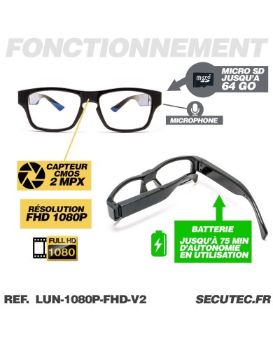 Lunettes caméra HD 1080P type classique mémoire microSD 64 Go incluse