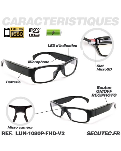 Lunettes caméra HD 1080P type classique mémoire microSD 64 Go incluse