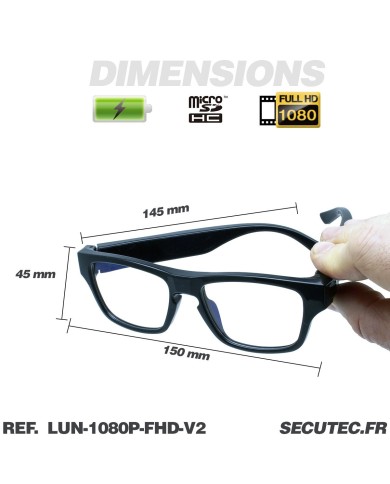 Lunettes caméra HD 1080P type classique mémoire microSD 64 Go incluse