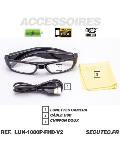 Lunettes caméra HD 1080P type classique mémoire microSD 64 Go incluse