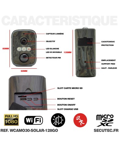 Caméra camouflage solaire WiFi 1080P vision nocturne invisible 128Go ultra longue autonomie détection de mouvement