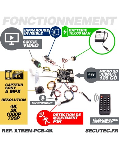 Micro caméra 4K à intégrer longue autonomie détection de mouvement par capteur PIR infrarouge invisible micro sd 128 Go incluse