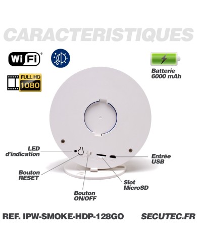Détecteur de fumée caméra WiFi P2P HD 1080P détecteur PIR 128 Go