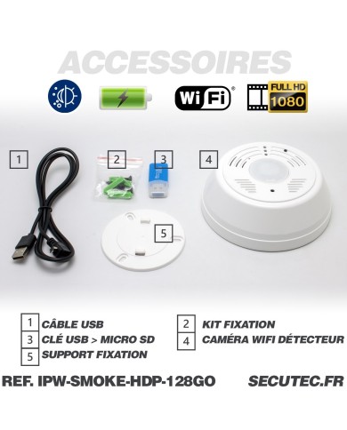 Détecteur de fumée caméra WiFi P2P HD 1080P détecteur PIR 128 Go
