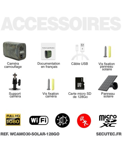 Caméra camouflage solaire WiFi 1080P vision nocturne invisible 128Go ultra longue autonomie détection de mouvement
