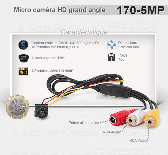 description de la micro caméra filaire HD 600 lignes grand angle 170°