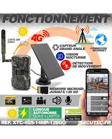 Caméra solaire de chasse 4G vidéo UHD 2K et photo 14 Mpx vision nocturne longue autonomie audio vidéo en direct détection de mou
