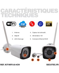 Kit 4 caméras WiFi enregistrement ultra HD 2K à la détection humaine et visage avec alerte sur smartphone
