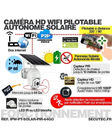 Caméra pilotable solaire IP Wifi HD 1080P waterproof Infrarouge accès à distance via iPhone Android 64 Go inclus