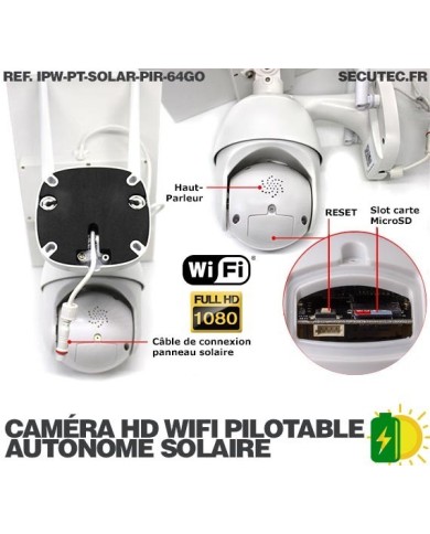 Caméra pilotable solaire IP Wifi HD 1080P waterproof Infrarouge accès à distance via iPhone Android 64 Go inclus