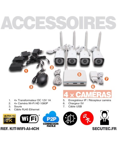 Kit 4 caméras WiFi enregistrement ultra HD 2K à la détection humaine et visage avec alerte sur smartphone