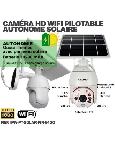Caméra pilotable solaire IP Wifi HD 1080P waterproof Infrarouge accès à distance via iPhone Android 64 Go inclus
