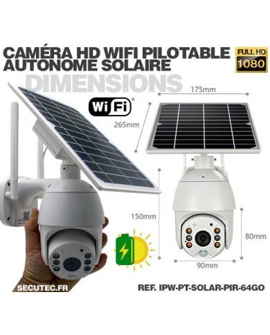 Caméra pilotable solaire IP Wifi HD 1080P waterproof Infrarouge accès à distance via iPhone Android 64 Go inclus