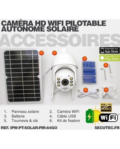 Caméra pilotable solaire IP Wifi HD 1080P waterproof Infrarouge accès à distance via iPhone Android 64 Go inclus