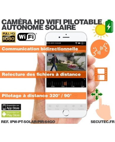 Caméra pilotable solaire IP Wifi HD 1080P waterproof Infrarouge accès à distance via iPhone Android 64 Go inclus